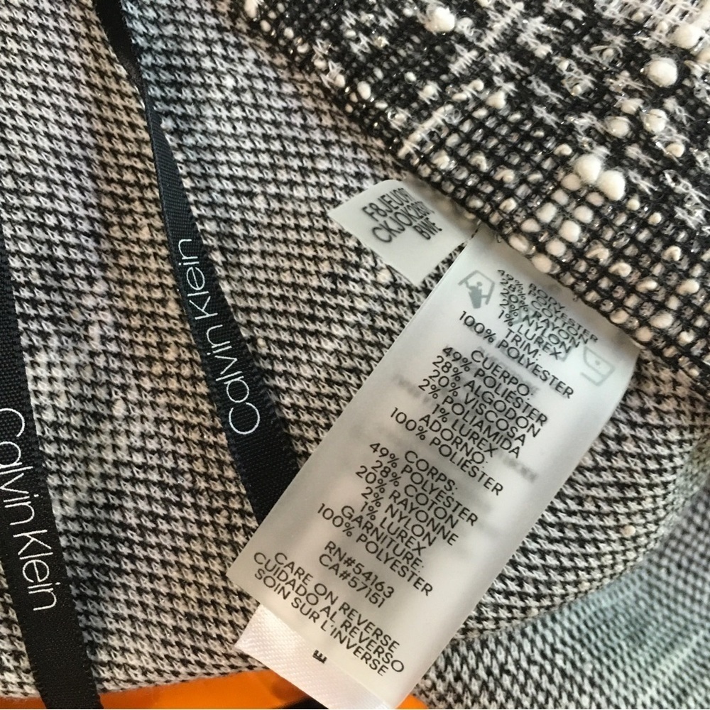 NWT Calvin Klein Black & White Tweed Open-Front Jacket with Faux Leather Trim S - Picture 6 of 7